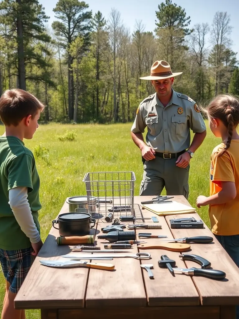 A photograph depicting a warden demonstrating responsible trapping techniques to a group of trainees in a natural setting, emphasizing safety and ethical considerations.