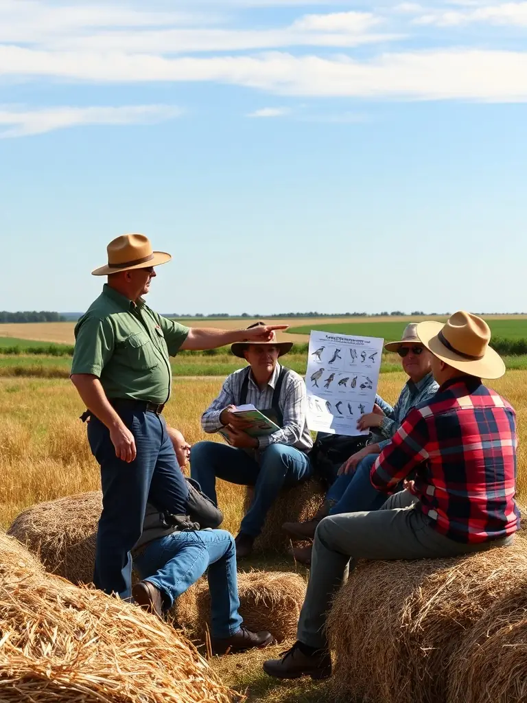 A photograph featuring a warden leading a workshop on wildlife identification and monitoring techniques for local farmers and landowners.