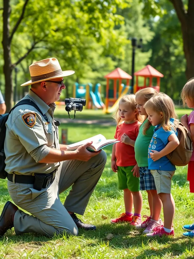 A photograph showing a warden engaging with local school children, teaching them about the importance of wildlife conservation and responsible environmental stewardship.