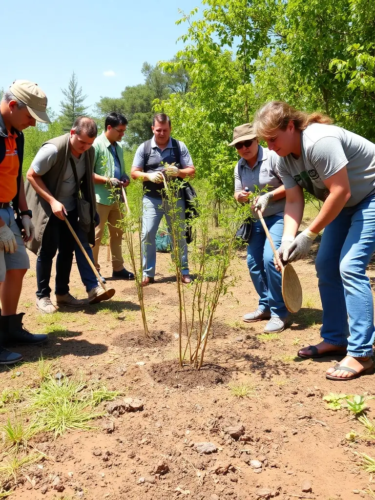 A photograph showcasing a diverse group of volunteers participating in a habitat restoration project, planting native trees and shrubs to enhance biodiversity.