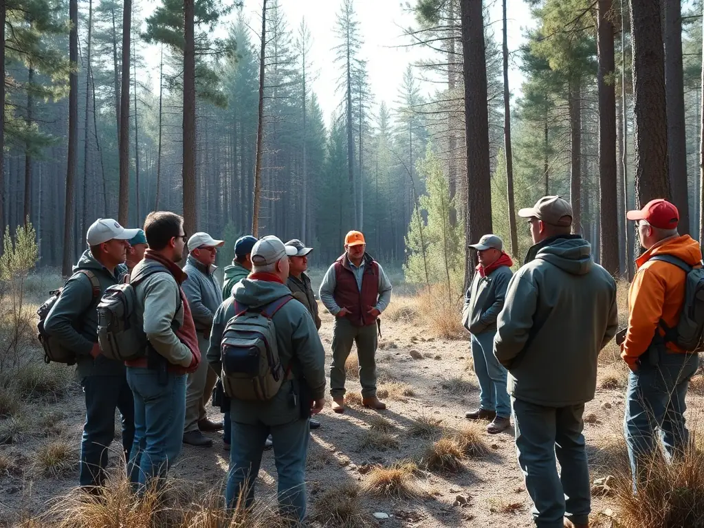 A photograph depicting a group of people participating in a wildlife management training session in a natural setting, focusing on responsible trapping techniques.